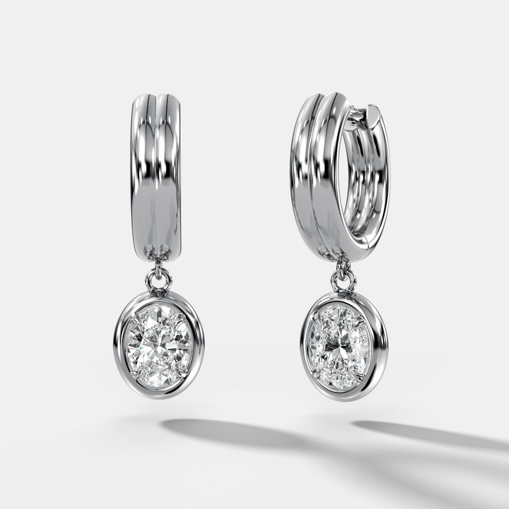 Double Ridge Club Drop Huggies with Oval Cut Diamonds