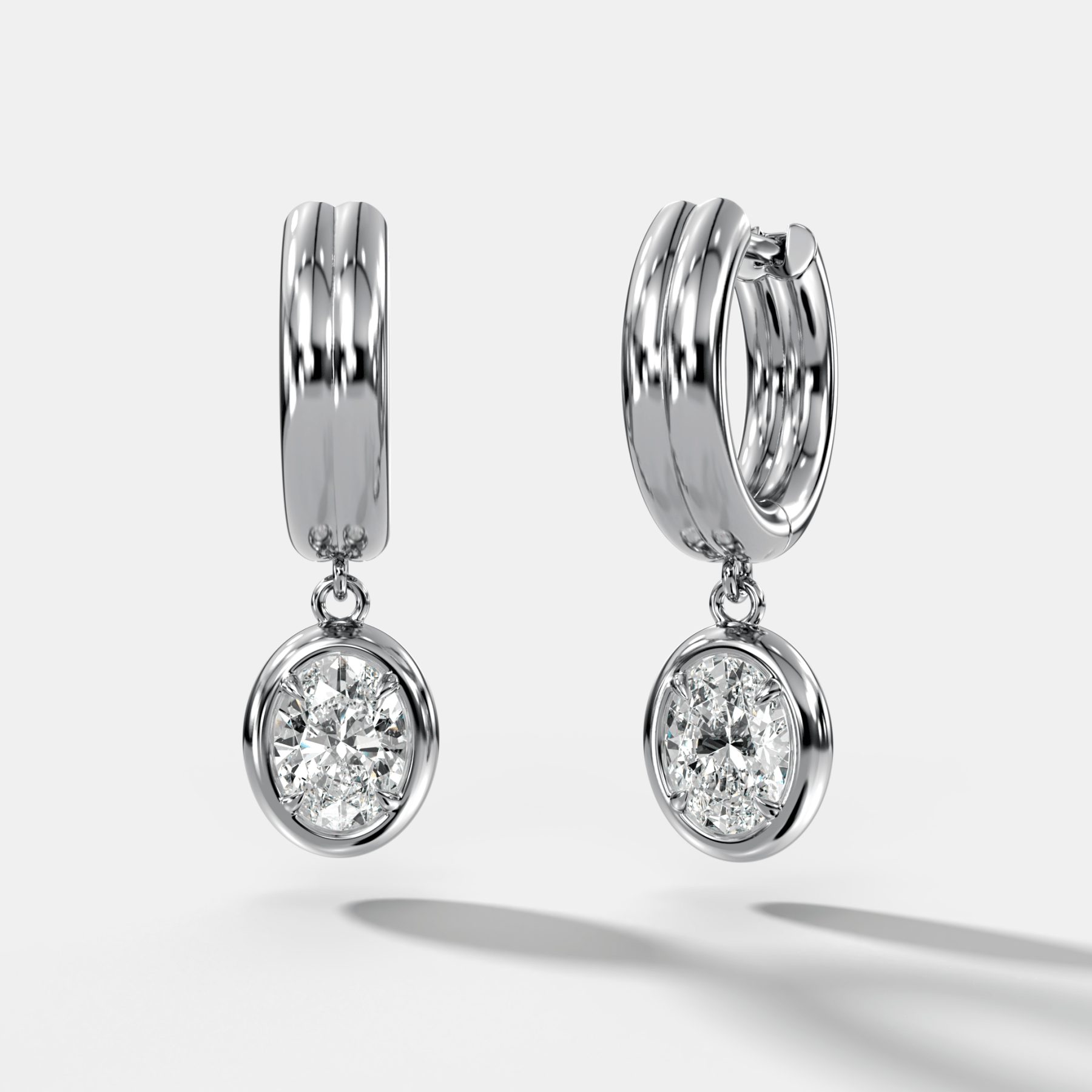 Double Ridge Club Drop Huggies with Oval Cut Diamonds