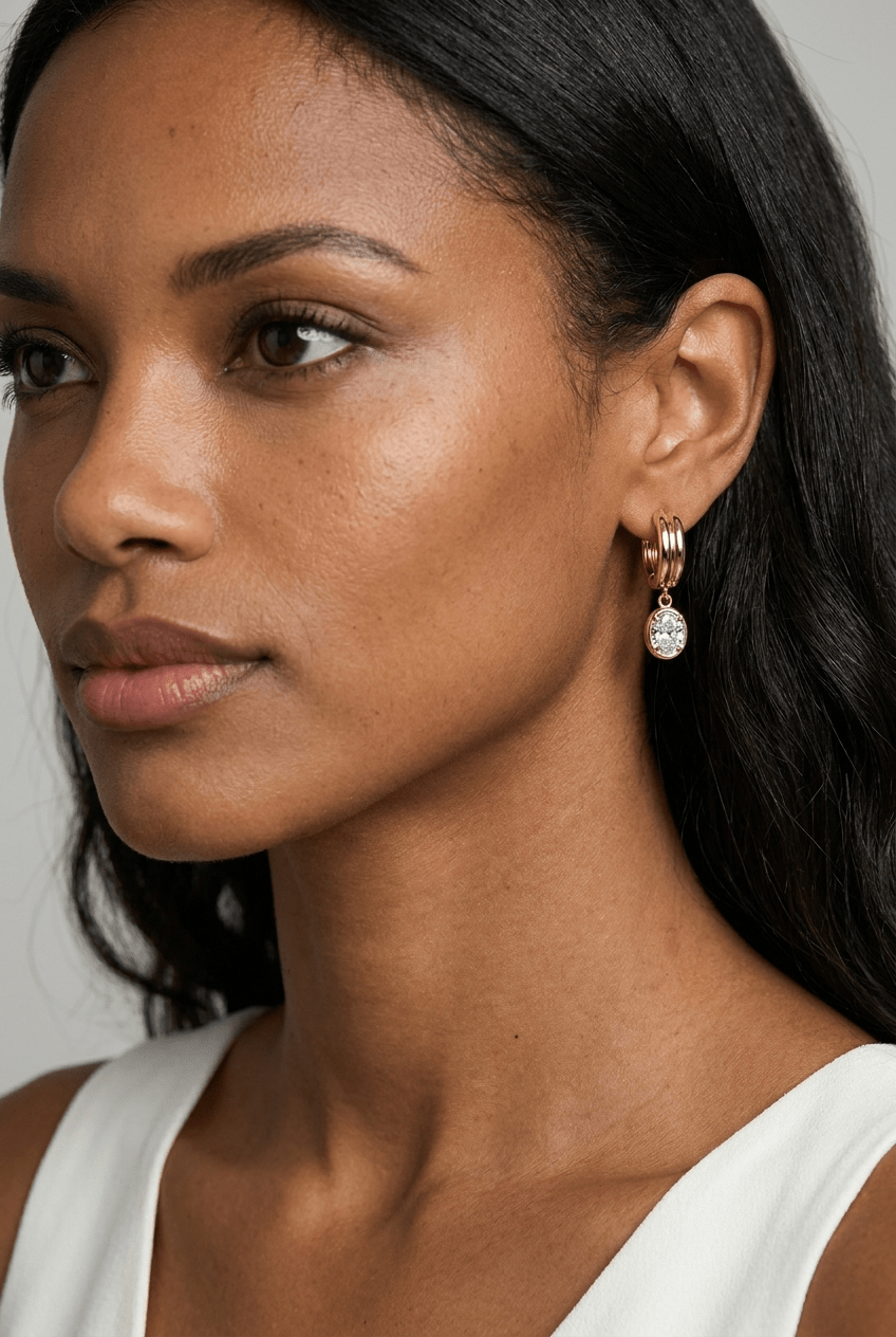 Double Ridge Club Drop Huggies with Oval Cut Diamonds