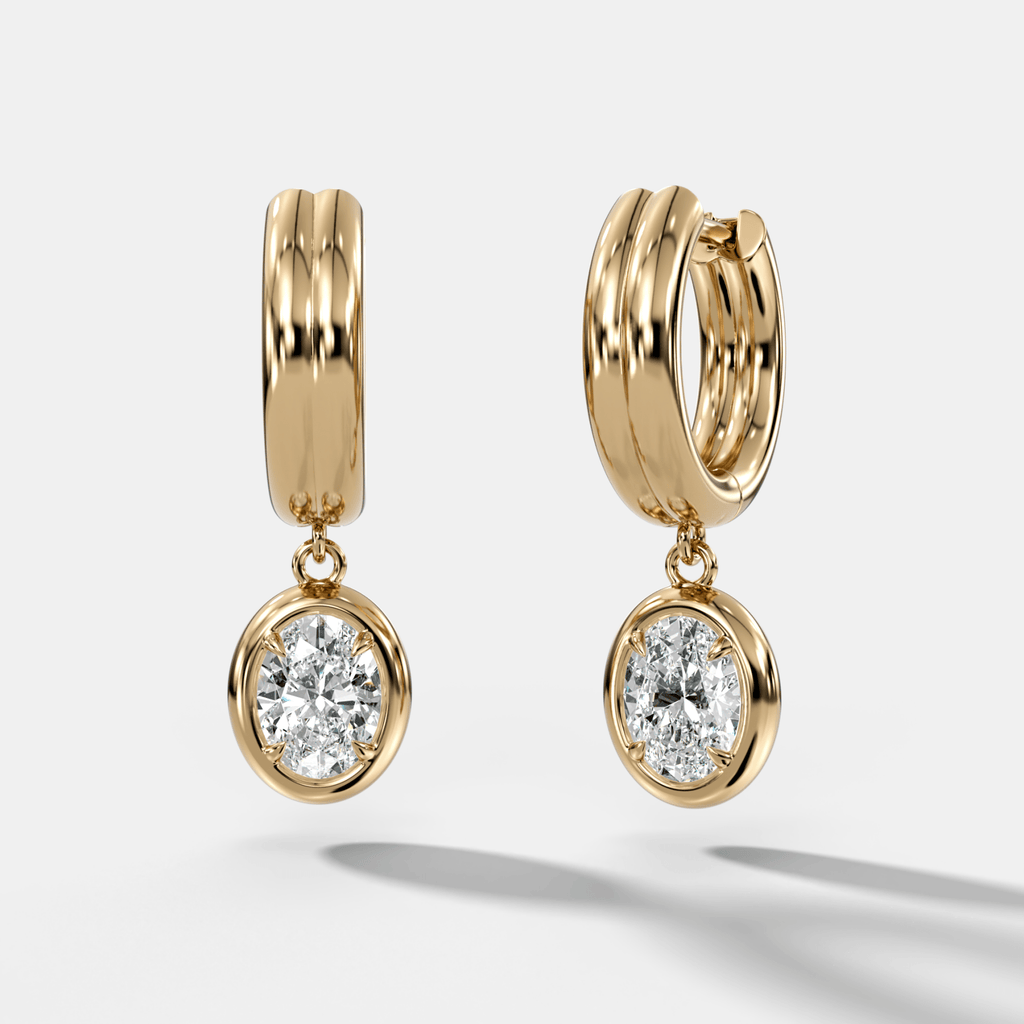 Double Ridge Club Drop Huggies with Oval Cut Diamonds