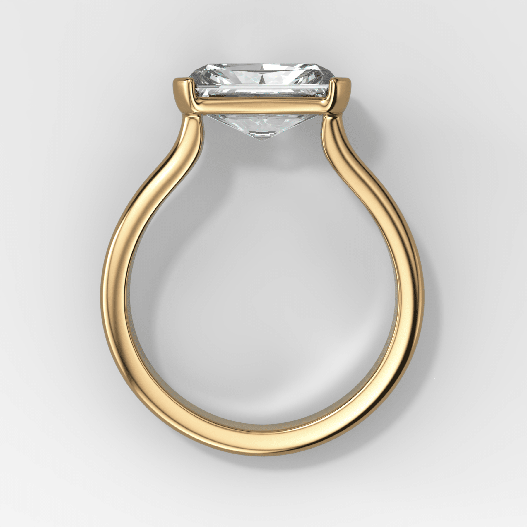 Double Row East West Half Bezel Solitaire Engagement Ring With Elongated Radiant Cut Diamond