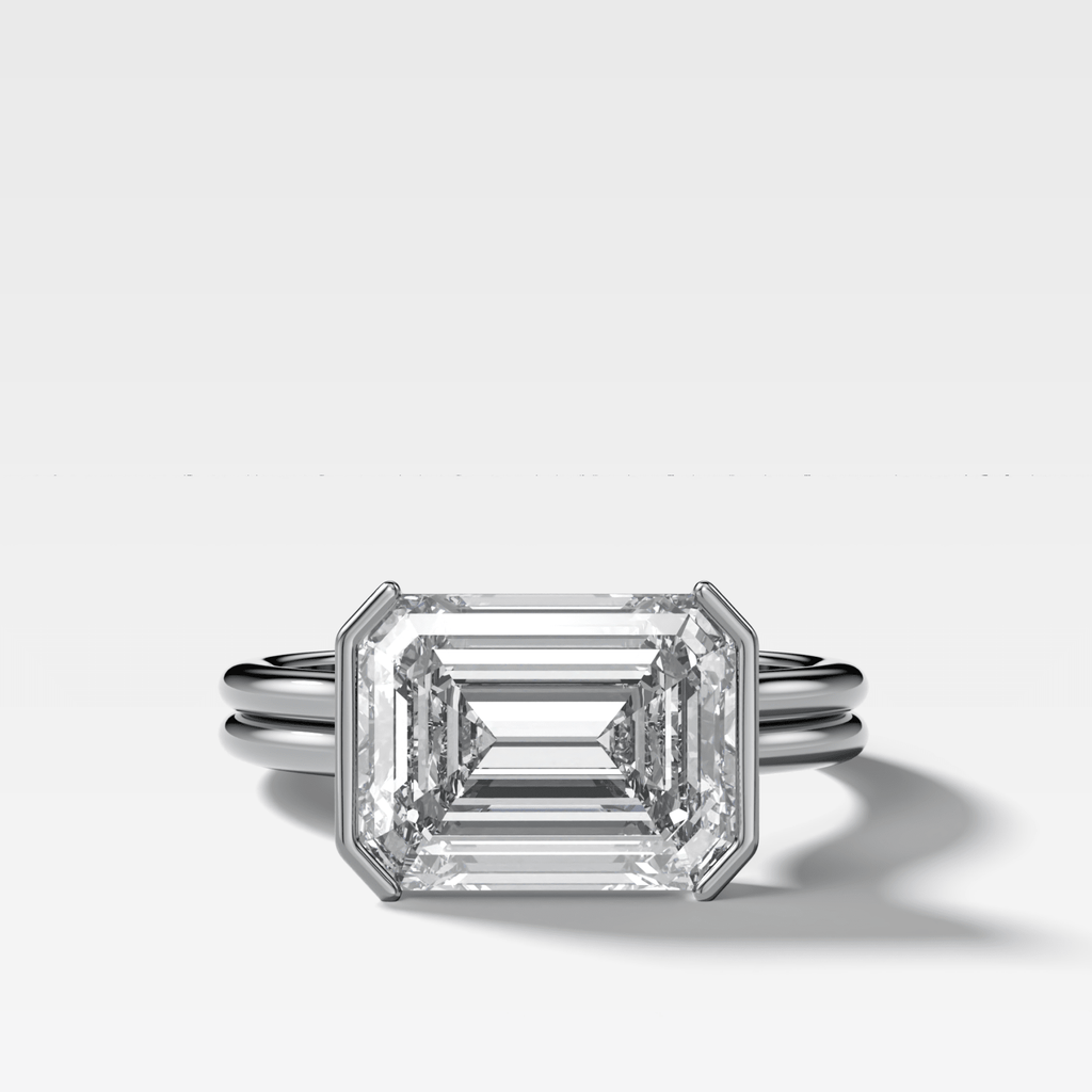 Double Row East West Half Bezel Solitaire Engagement Ring With Emerald Cut Diamond