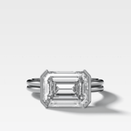 Double Row East West Half Bezel Solitaire Engagement Ring With Emerald Cut Diamond