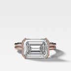 Double Row East West Half Bezel Solitaire Engagement Ring With Emerald Cut Diamond