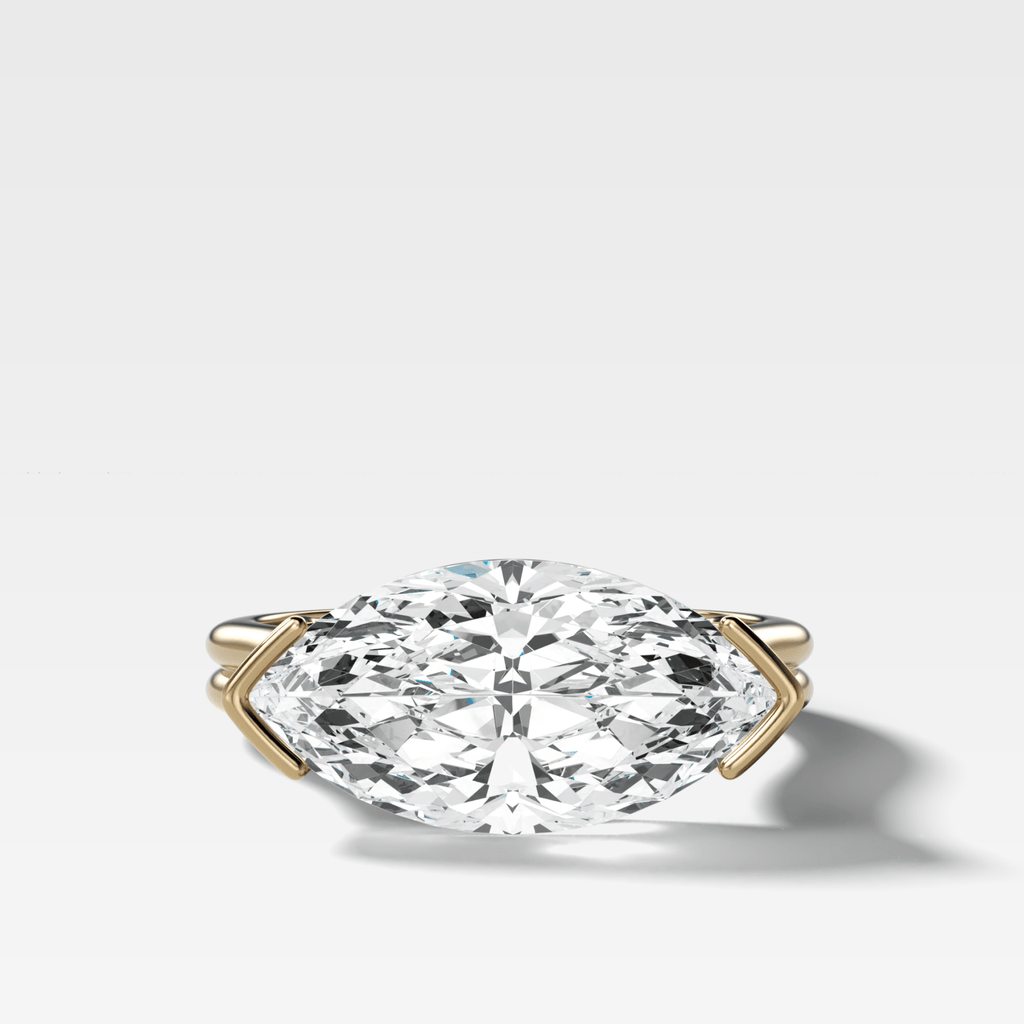 Double Row East West Half Bezel Solitaire Engagement Ring With Marquise Cut Diamond