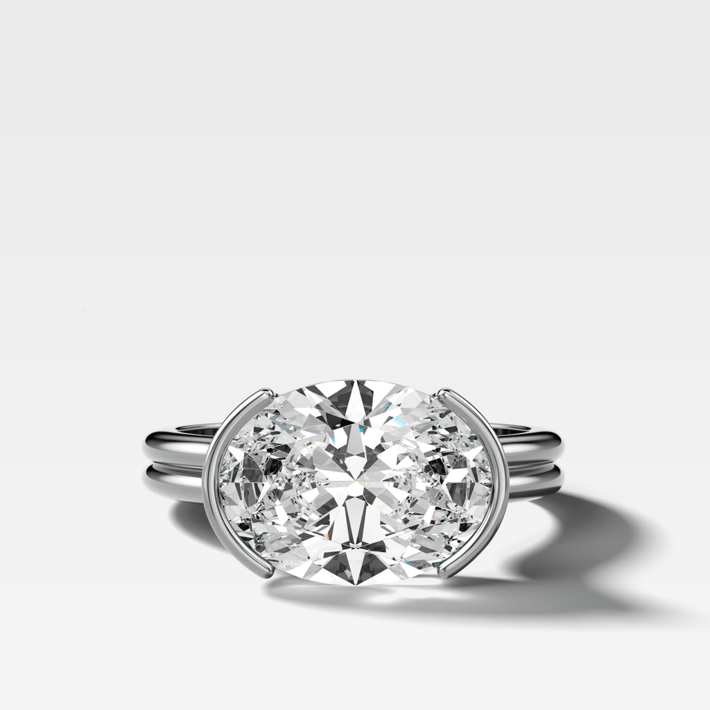 Double Row East West Half Bezel Solitaire Engagement Ring With Oval Cut Diamond