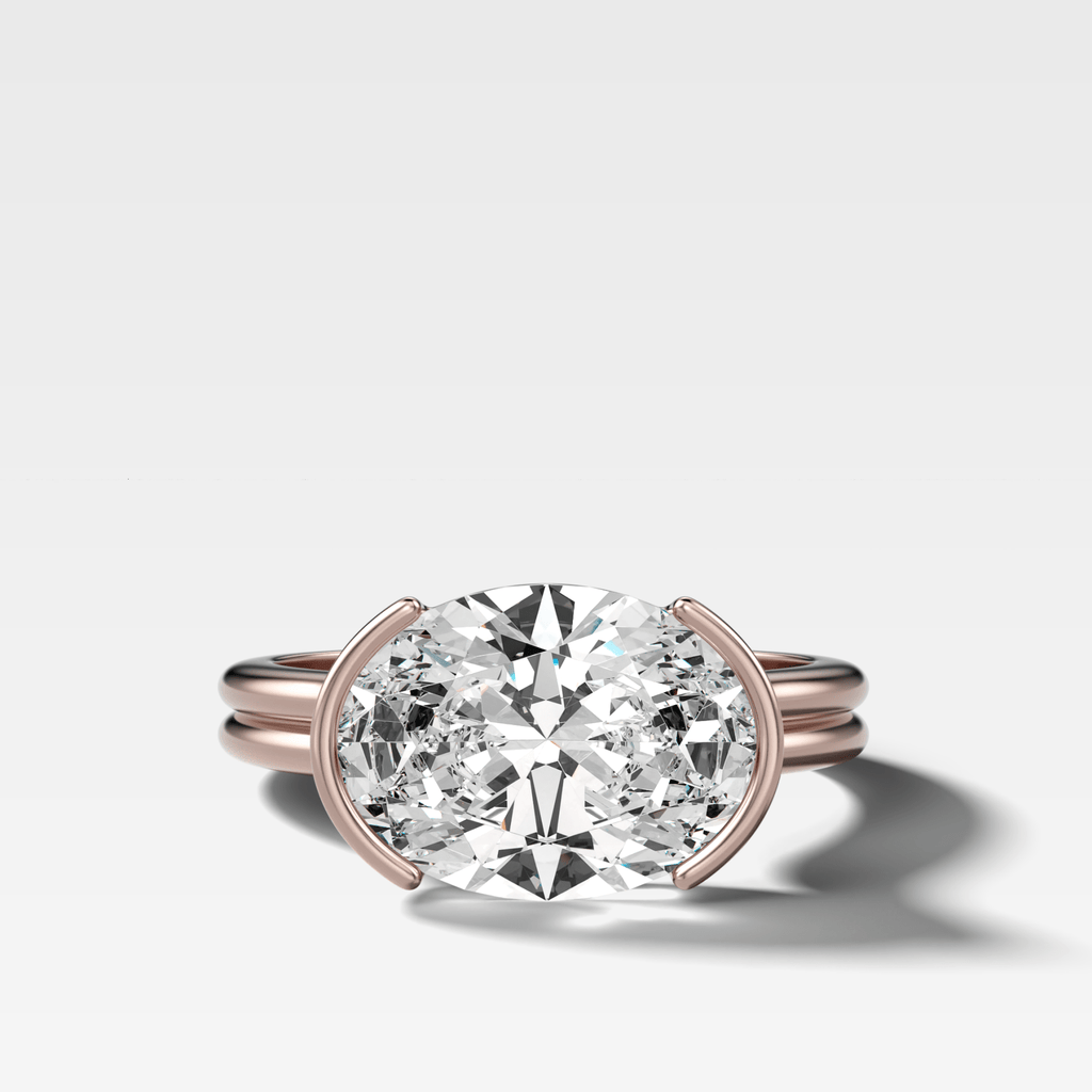 Double Row East West Half Bezel Solitaire Engagement Ring With Oval Cut Diamond