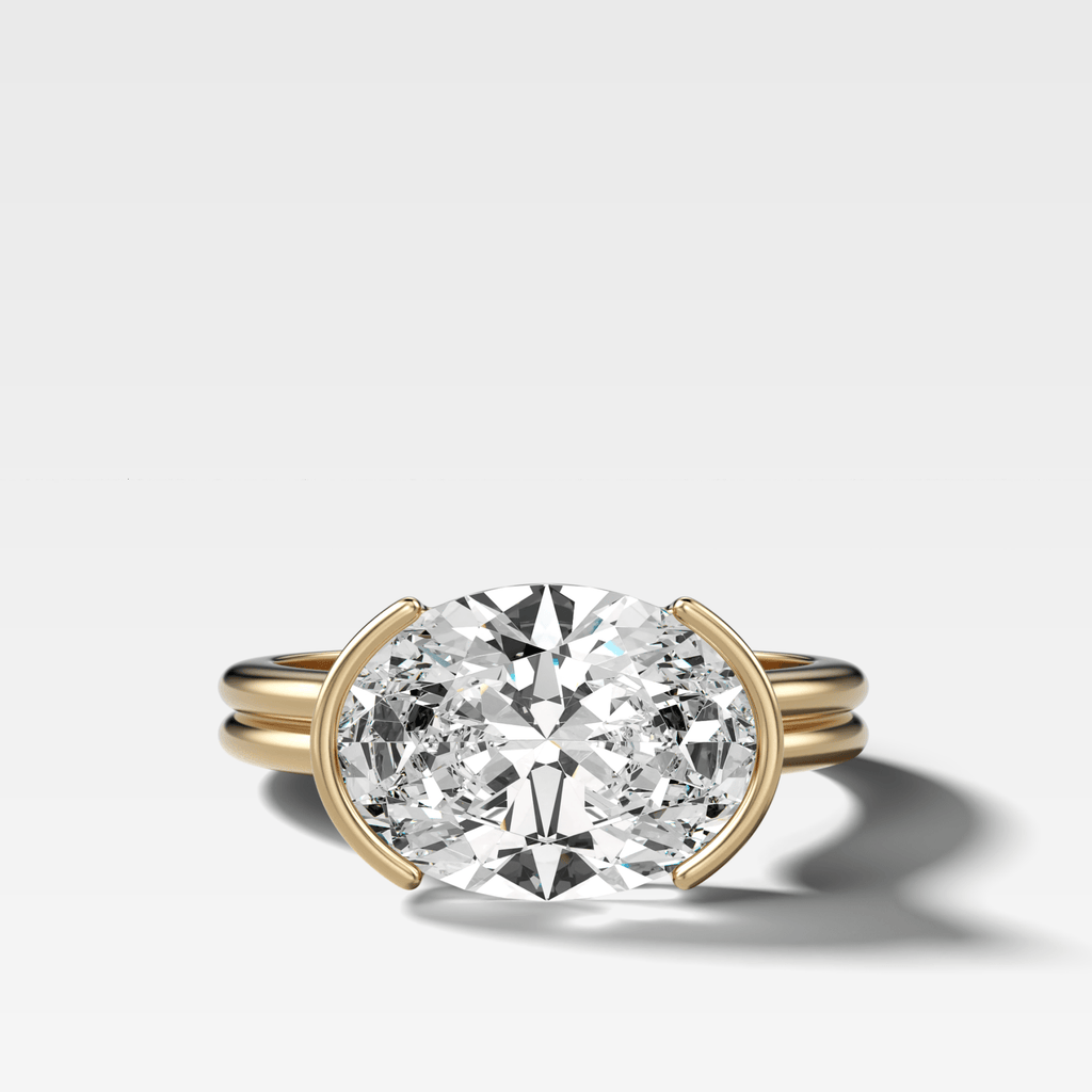 Double Row East West Half Bezel Solitaire Engagement Ring With Oval Cut Diamond