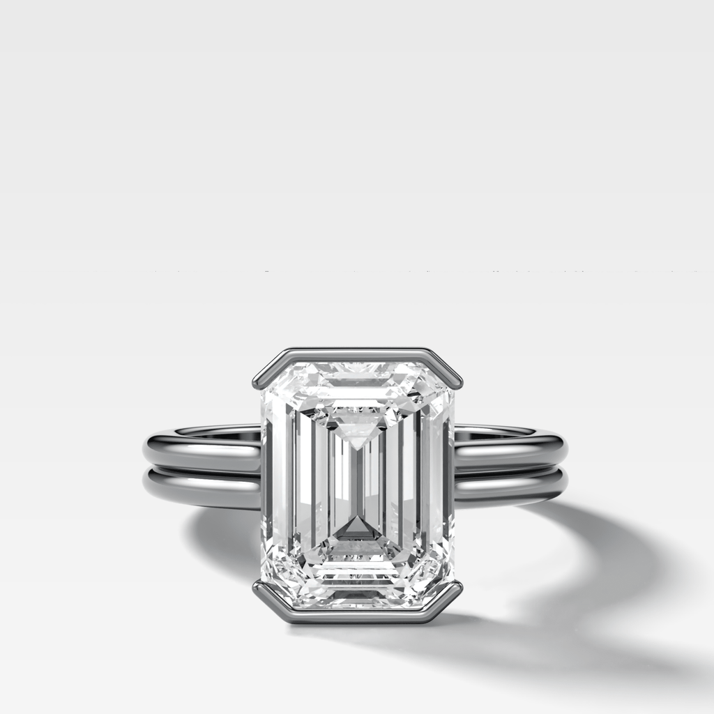 Double Row Half Bezel Solitaire Engagement Ring With Emerald Cut Diamond
