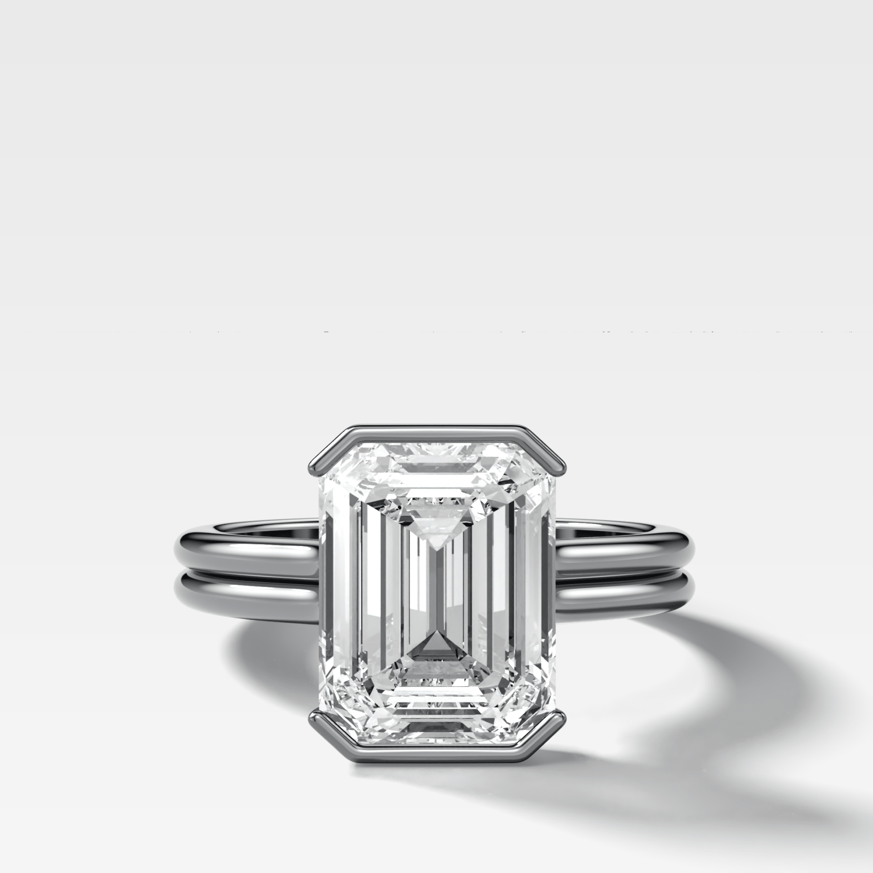Double Row Half Bezel Solitaire Engagement Ring With Emerald Cut Diamond