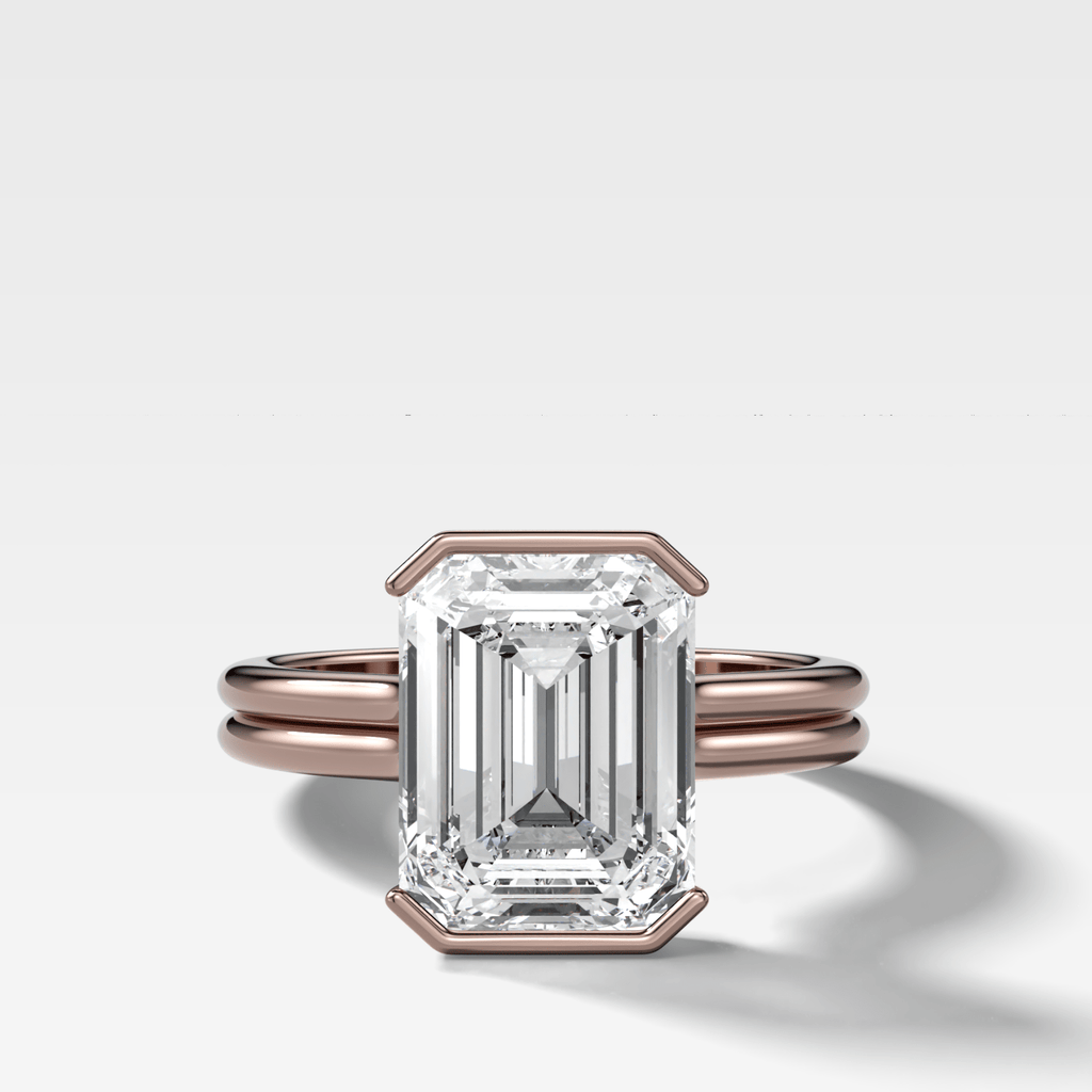Double Row Half Bezel Solitaire Engagement Ring With Emerald Cut Diamond