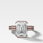 Double Row Half Bezel Solitaire Engagement Ring With Emerald Cut Diamond