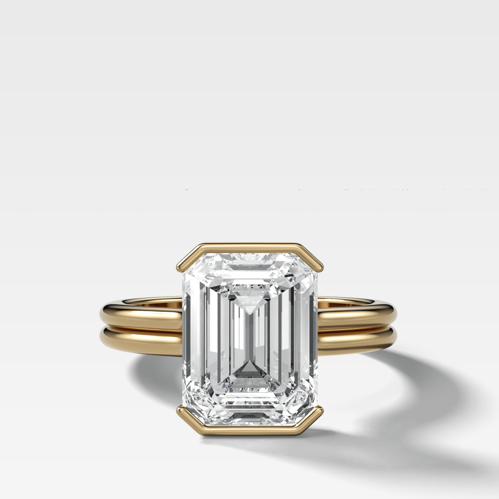 Double Row Half Bezel Solitaire Engagement Ring With Emerald Cut Diamond