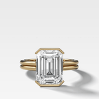 Double Row Half Bezel Solitaire Engagement Ring With Emerald Cut Diamond