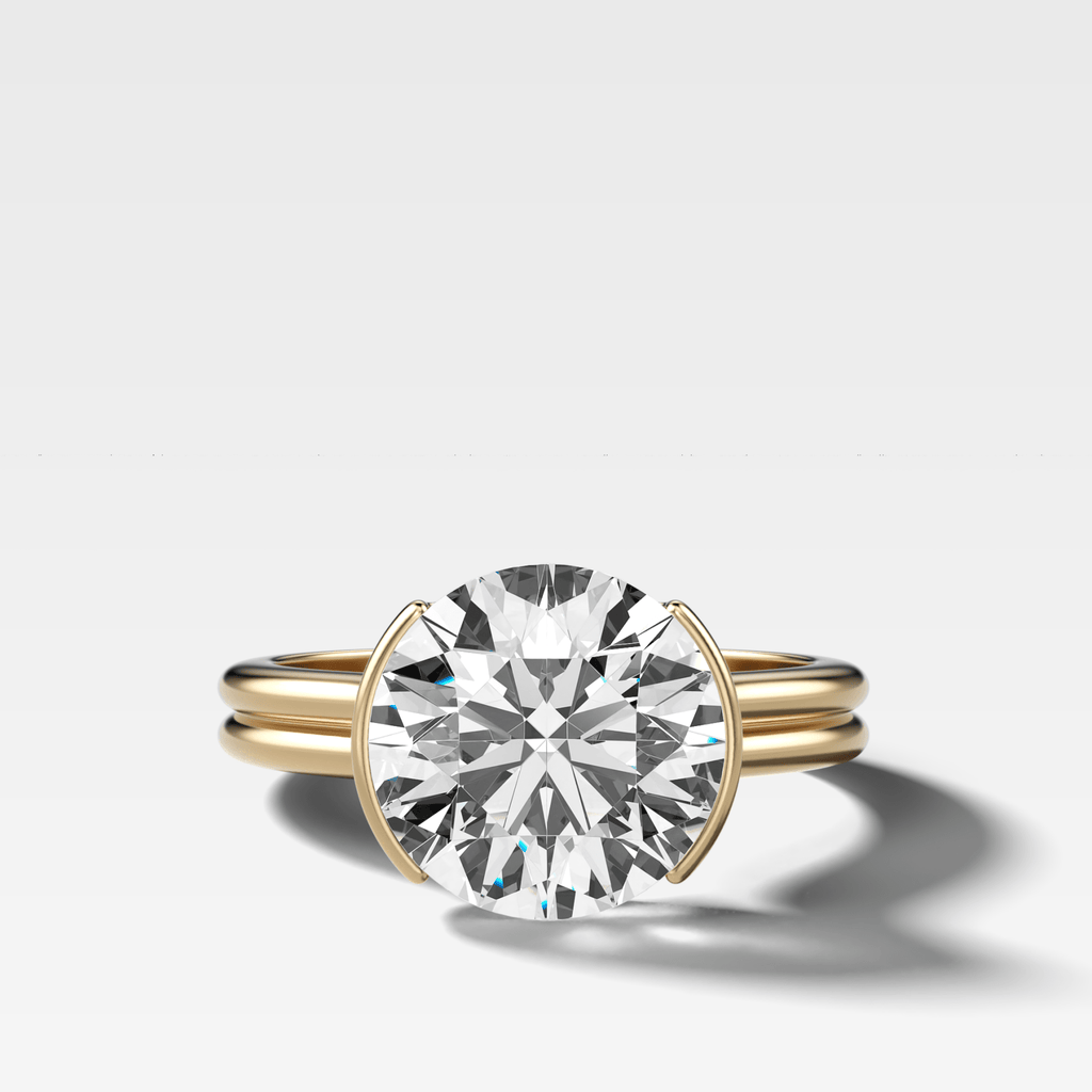 Double Row Half Bezel Solitaire Engagement Ring With Round Cut Diamond