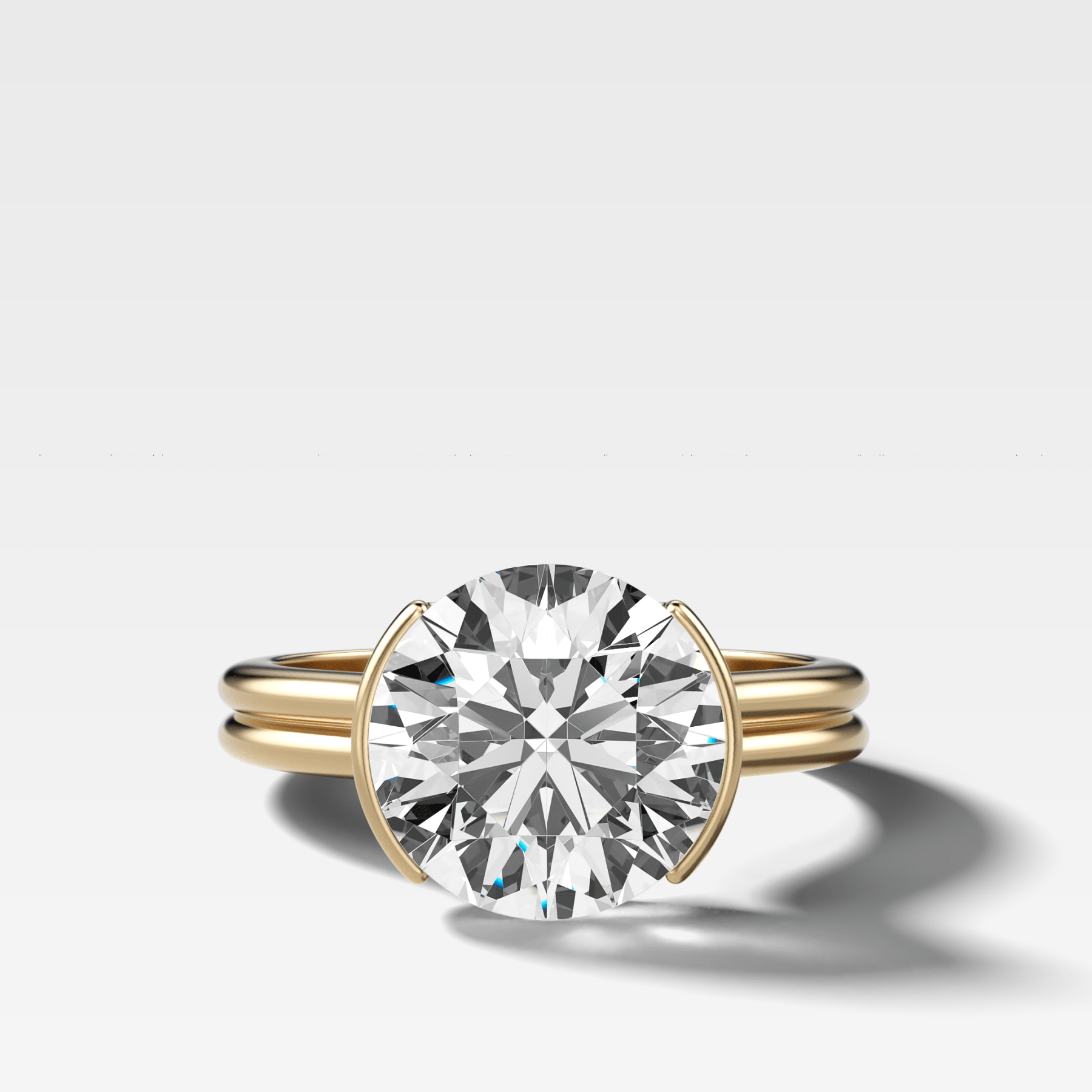 Double Row Half Bezel Solitaire Engagement Ring With Round Cut Diamond