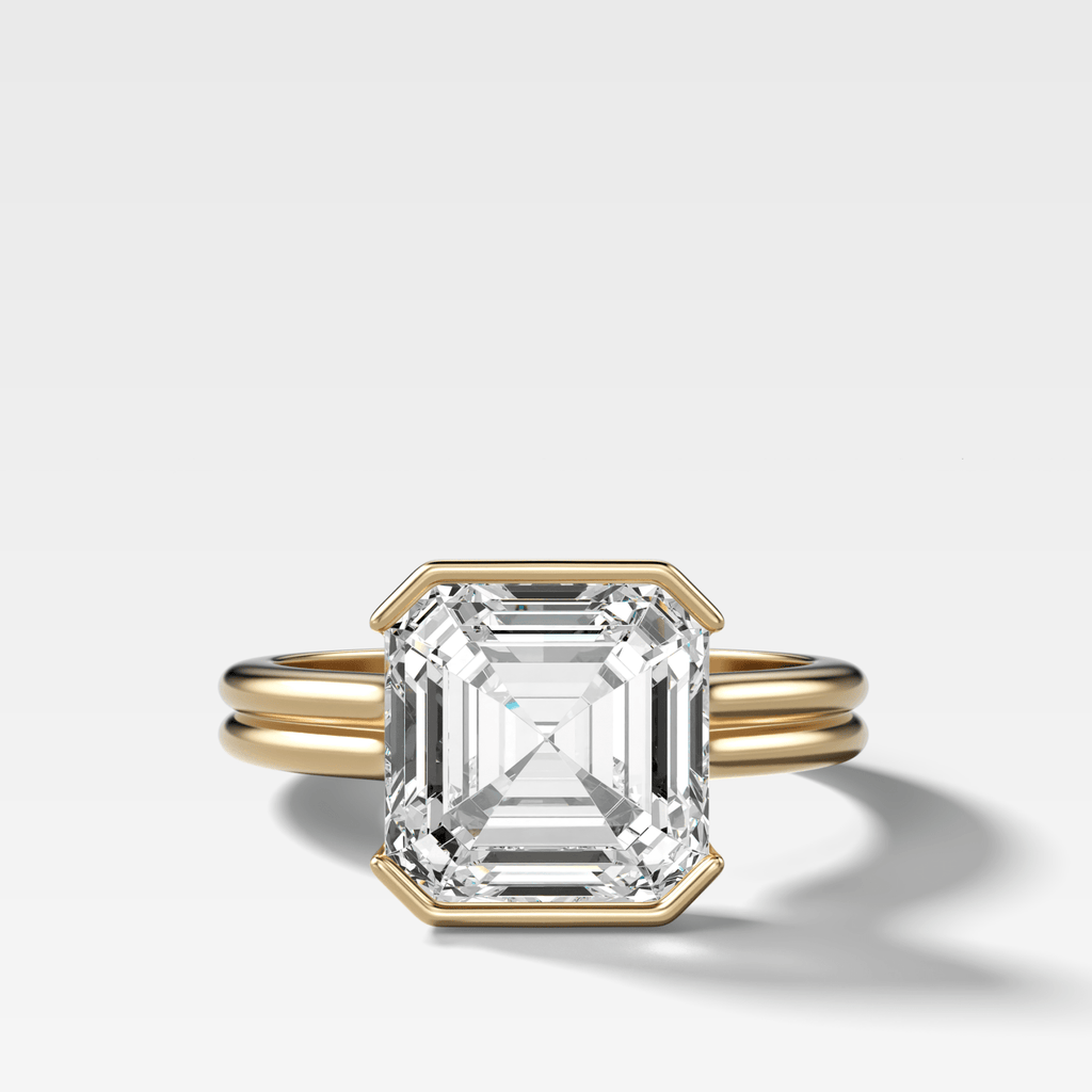 Double Row North South Half Bezel Solitaire Engagement Ring With Asscher Cut Diamond