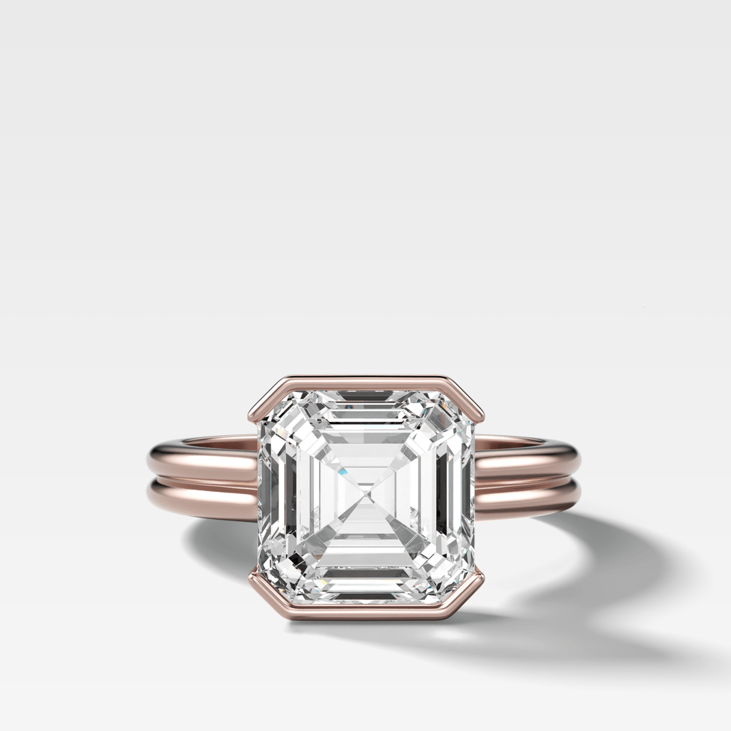 Double Row North South Half Bezel Solitaire Engagement Ring With Asscher Cut Diamond