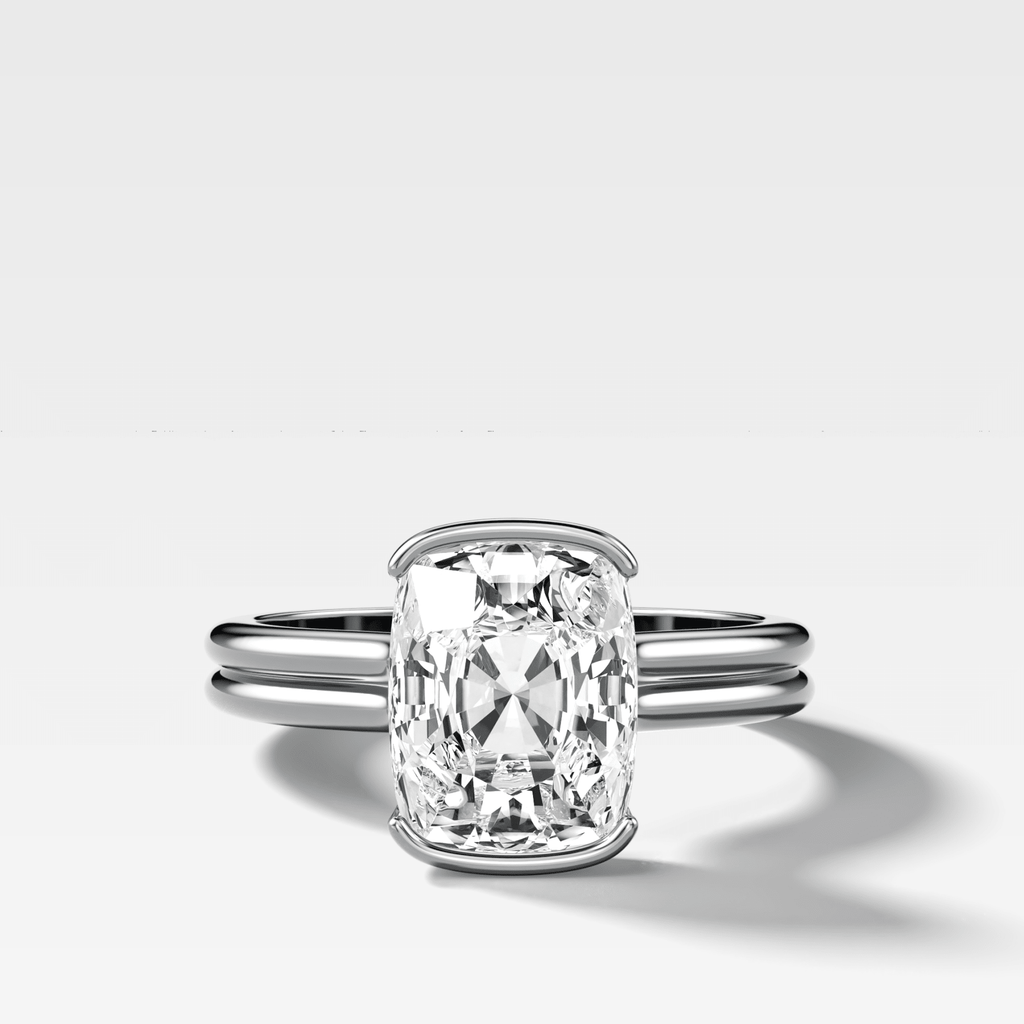 Double Row North South Half Bezel Solitaire Engagement Ring With Cushion Cut Diamond
