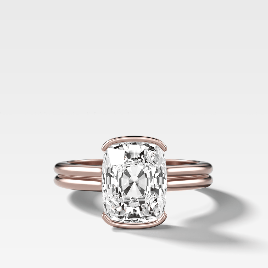 Double Row North South Half Bezel Solitaire Engagement Ring With Cushion Cut Diamond