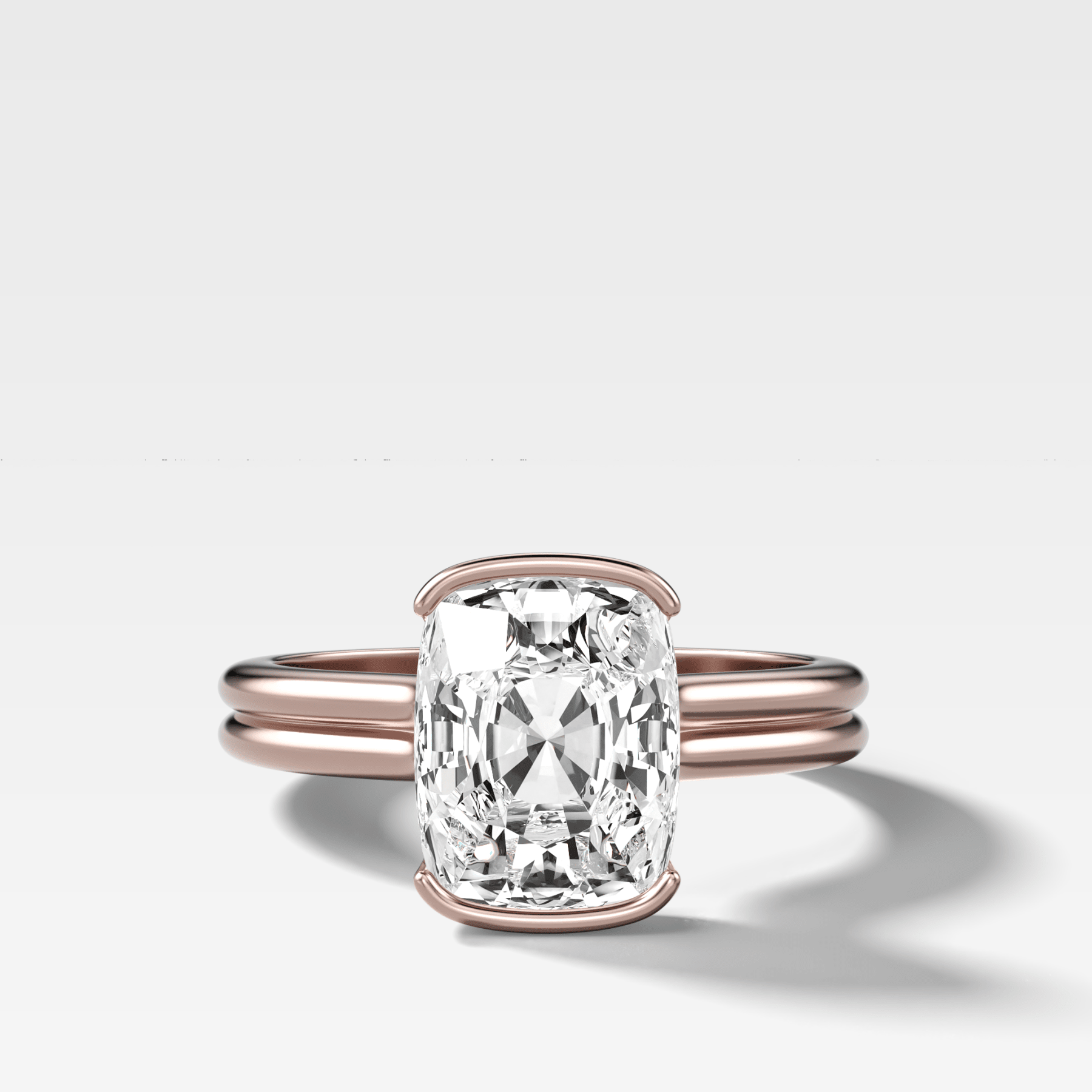 Double Row North South Half Bezel Solitaire Engagement Ring With Cushion Cut Diamond