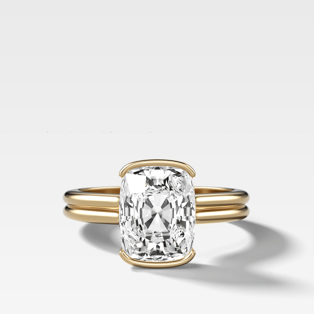 Double Row North South Half Bezel Solitaire Engagement Ring With Cushion Cut Diamond