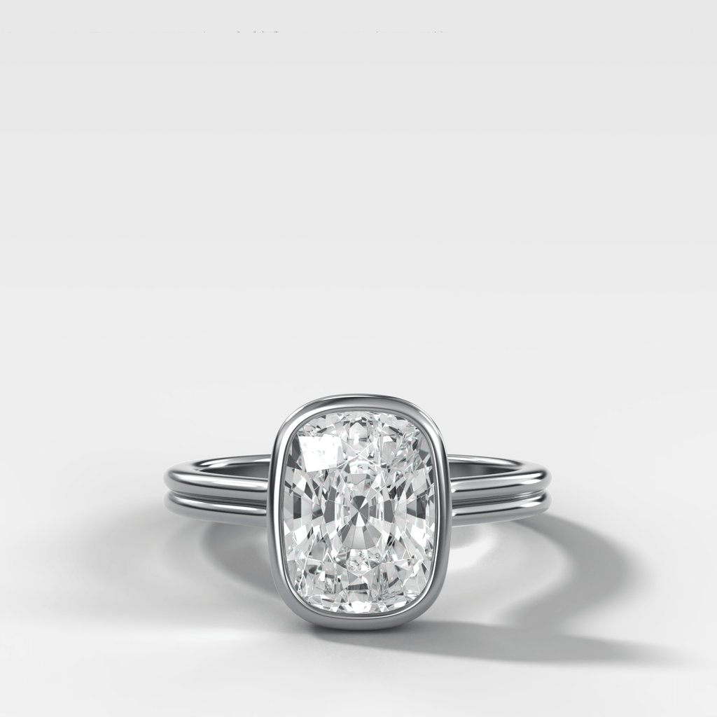 Double Row Penumbra Bezel Engagement Ring With Cushion Cut Diamond