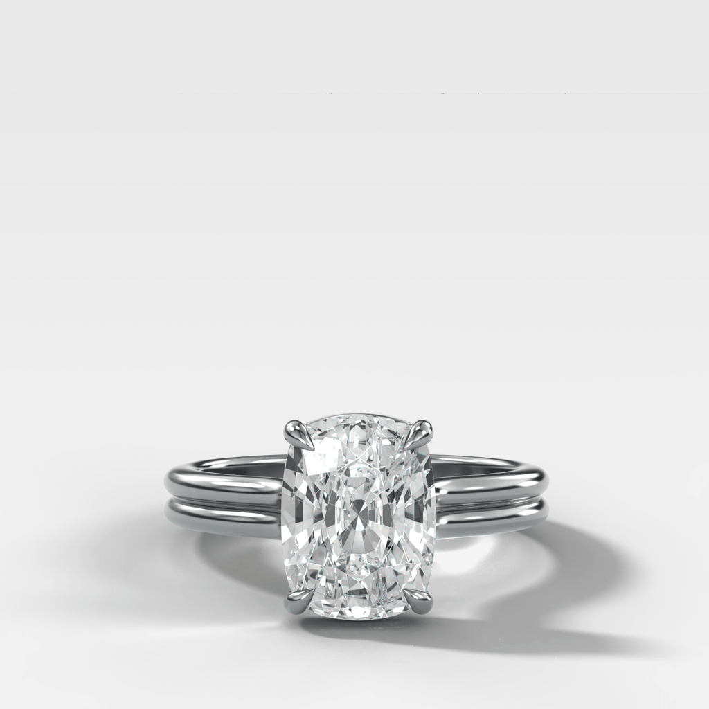 Double Row Solitaire Engagement Ring With Elongated Cushion Cut Diamond