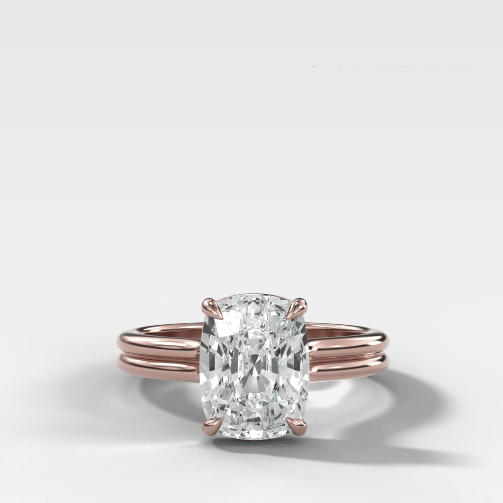 Double Row Solitaire Engagement Ring With Elongated Cushion Cut Diamond