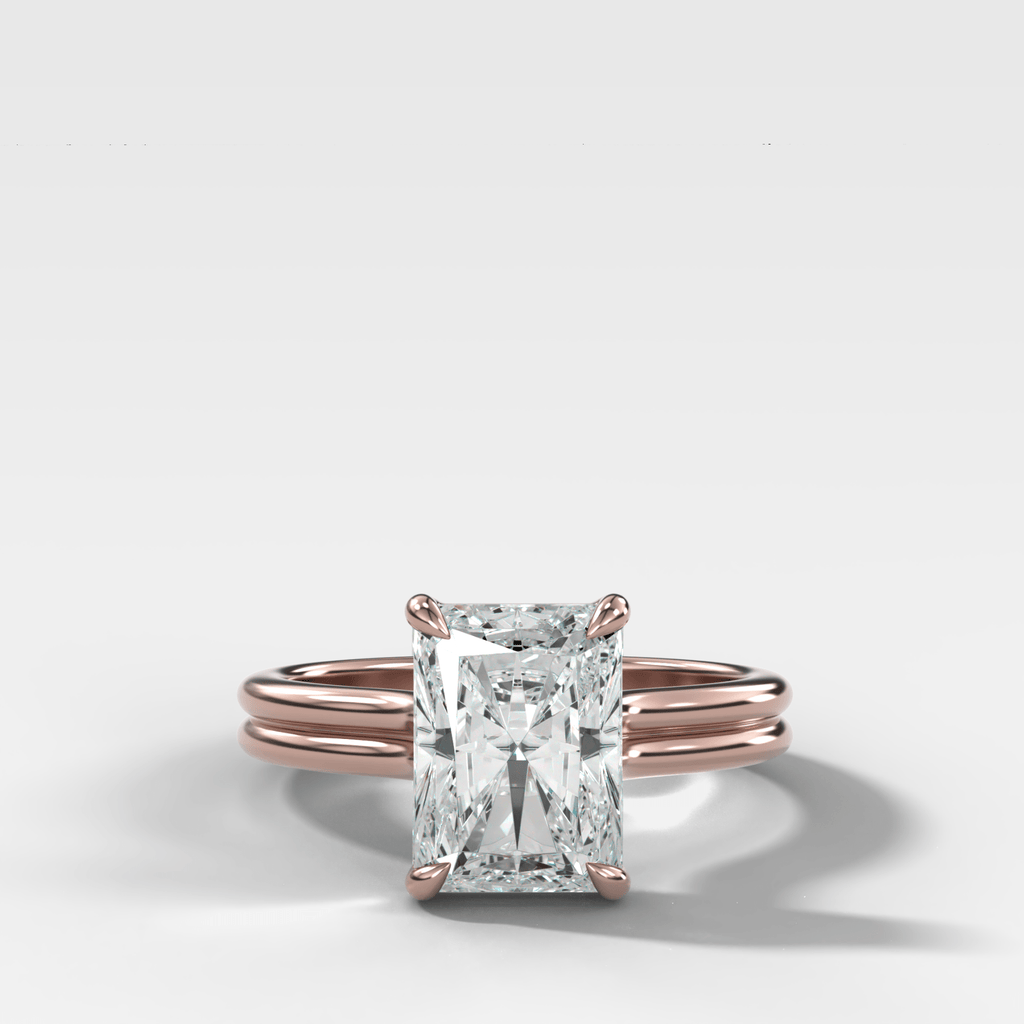 Double Row Solitaire Engagement Ring With Elongated Radiant Cut Diamond