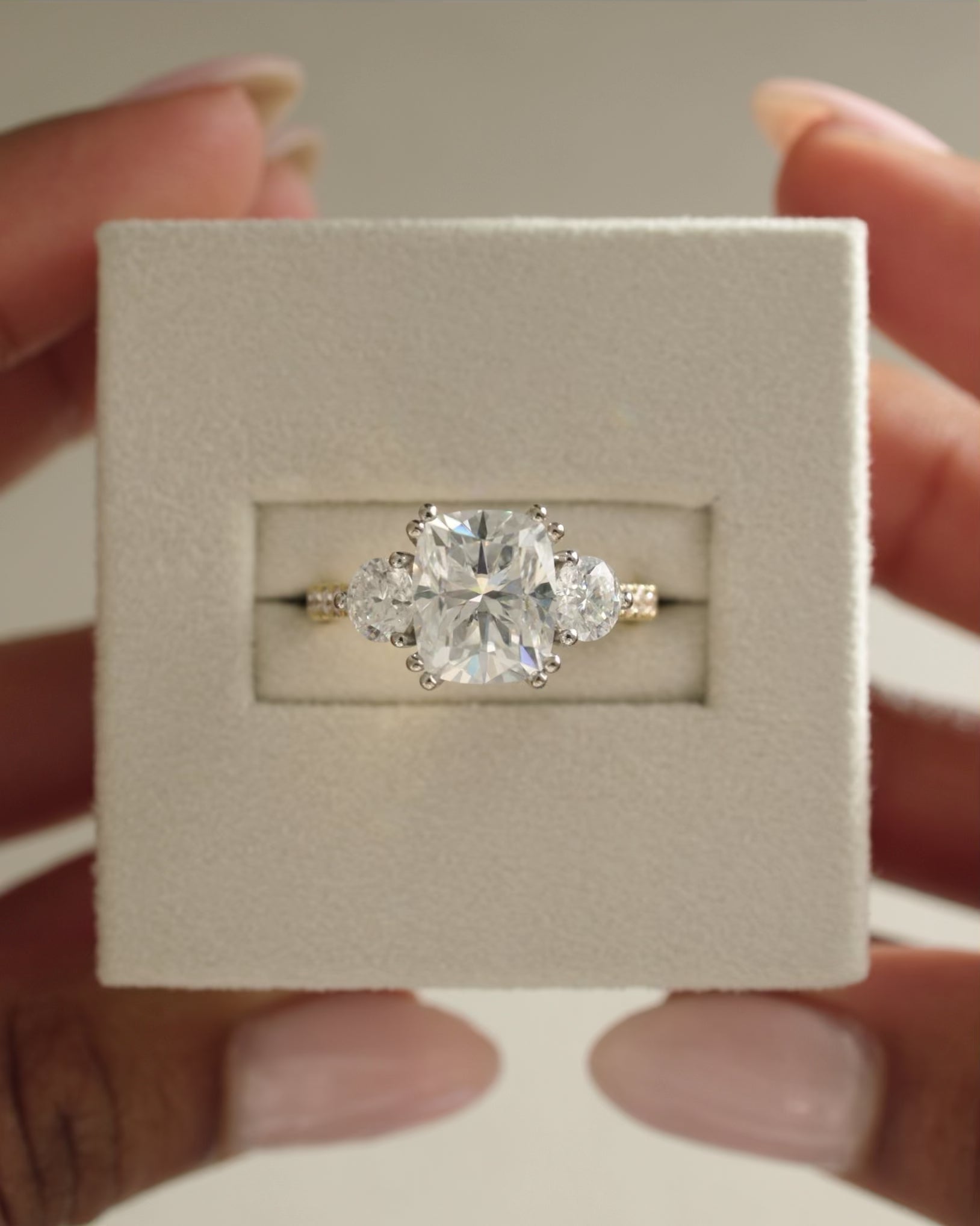 2.65-4.65 CT Cushion Cut Lab Grown Diamond Three Stone & Pave Engagement Ring
