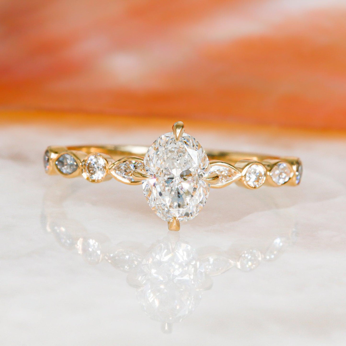 Solar Photon Hidden Halo Oval Diamond Engagement Ring - Natural Sparkle, Unique Design, Perfect for Proposals & Anniversaries