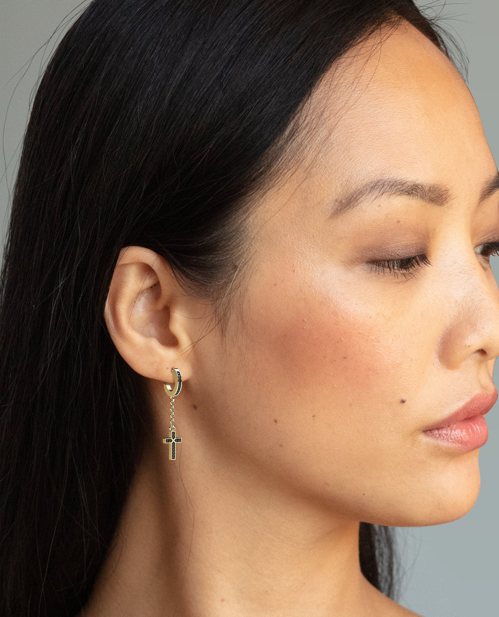 DANGLE Cross Hoop Gold Earring with 0.12ct Black Diamonds