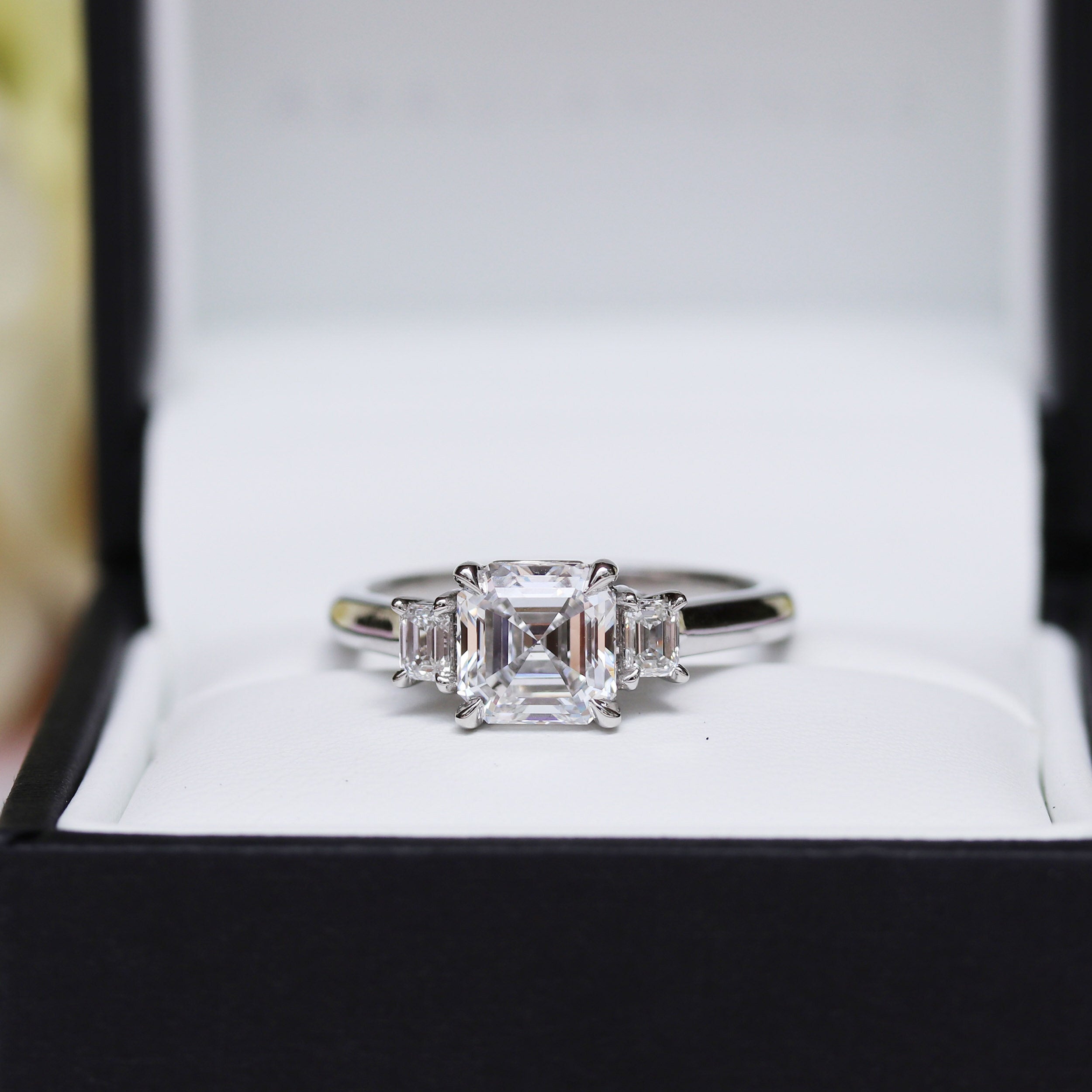1.0 CT Asscher & Emerald Three Stone Moissanite Engagement Ring