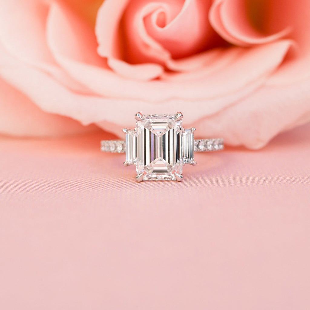 2.75 CT Emerald Moissanite Three Stones Pave Setting Engagement Ring