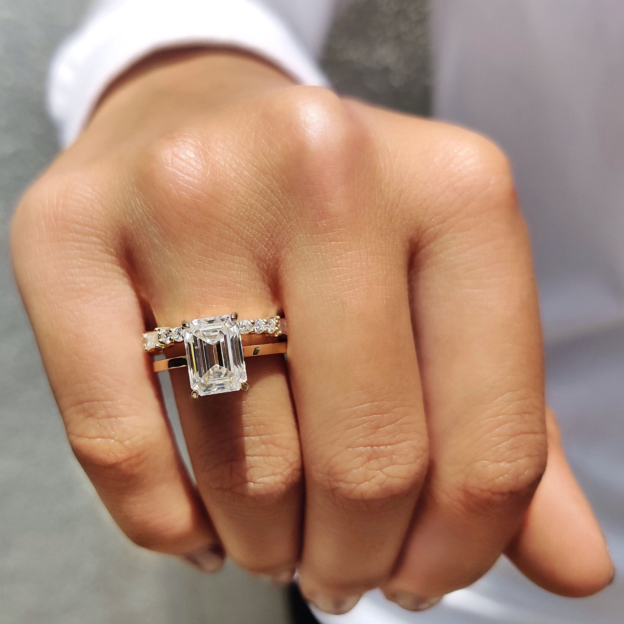 Hidden Halo Emerald Cut Engagement Ring With Eternity Band