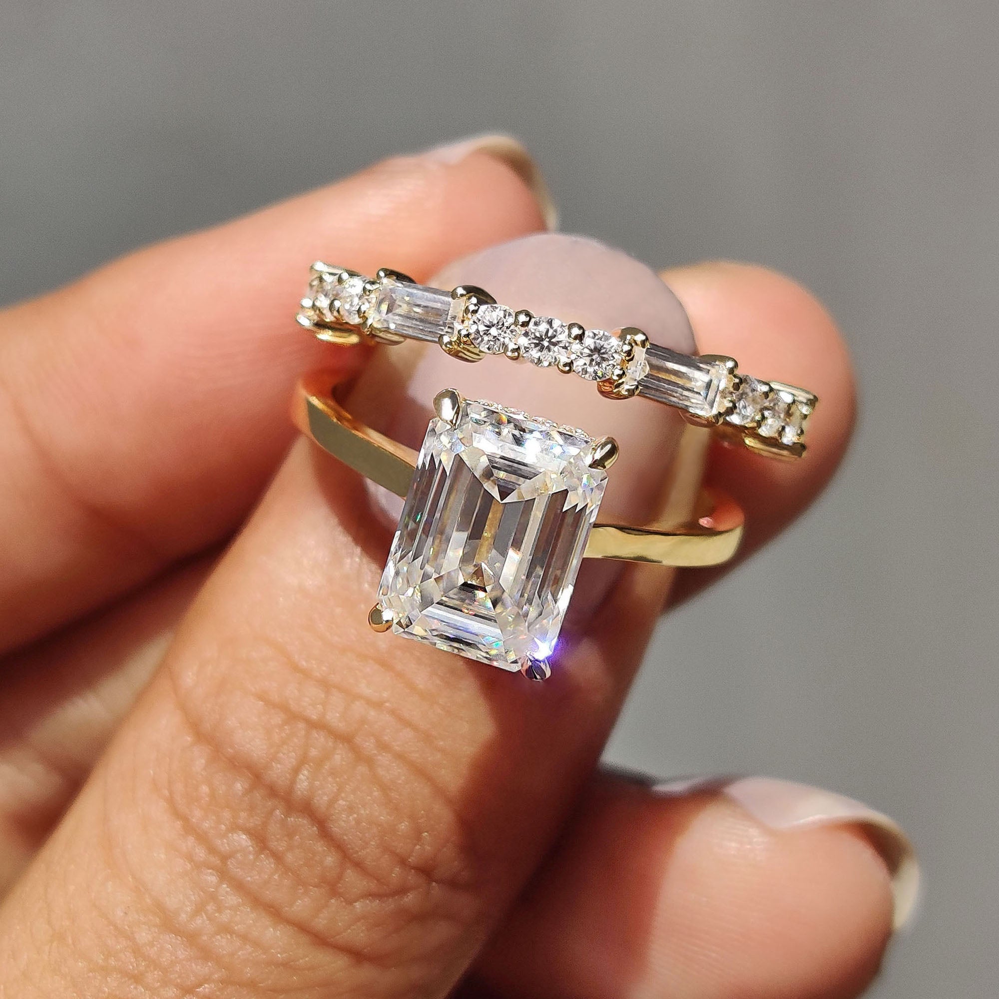 Hidden Halo Emerald Cut Engagement Ring With Eternity Band