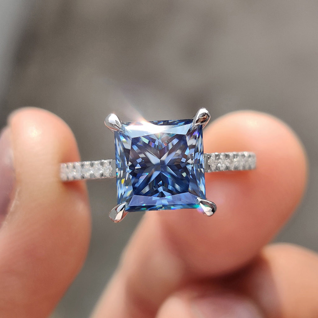 Royal Dark Blue Princess Cut Engagement Ring