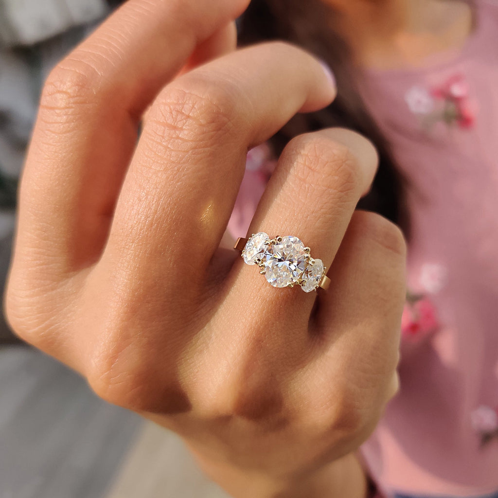 3 Stone Oval Engagement Ring With Double prong setting