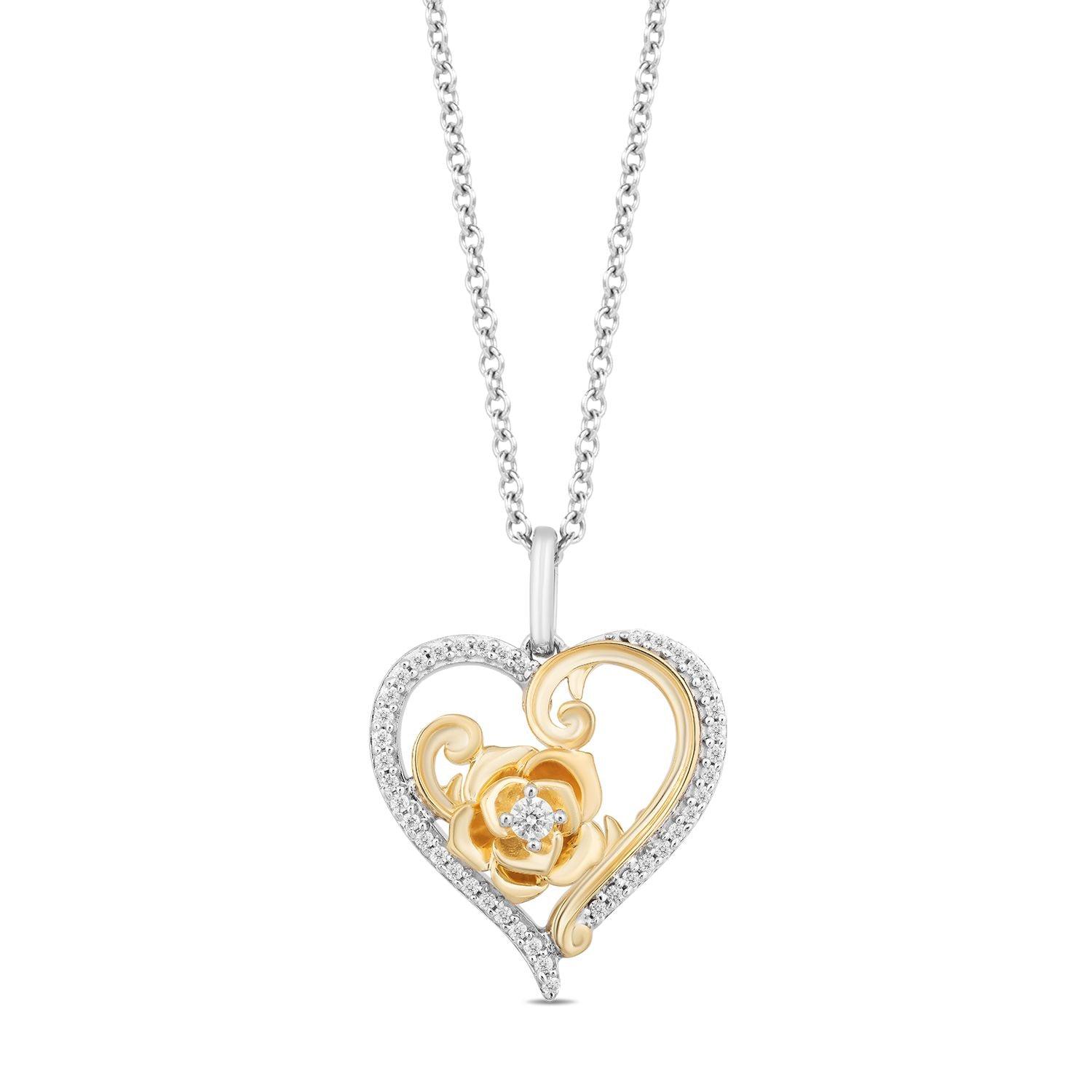 Disney Fine Jewelry Sterling Silver and 10K Yellow Gold Belle 30th Heart Pendant Necklace