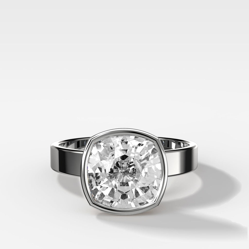 Finest Bezel Set Engagement Ring With Cushion Cut Diamond