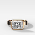 Finest Bezel Set Engagement Ring With East West Elongated Radiant Cut Diamond