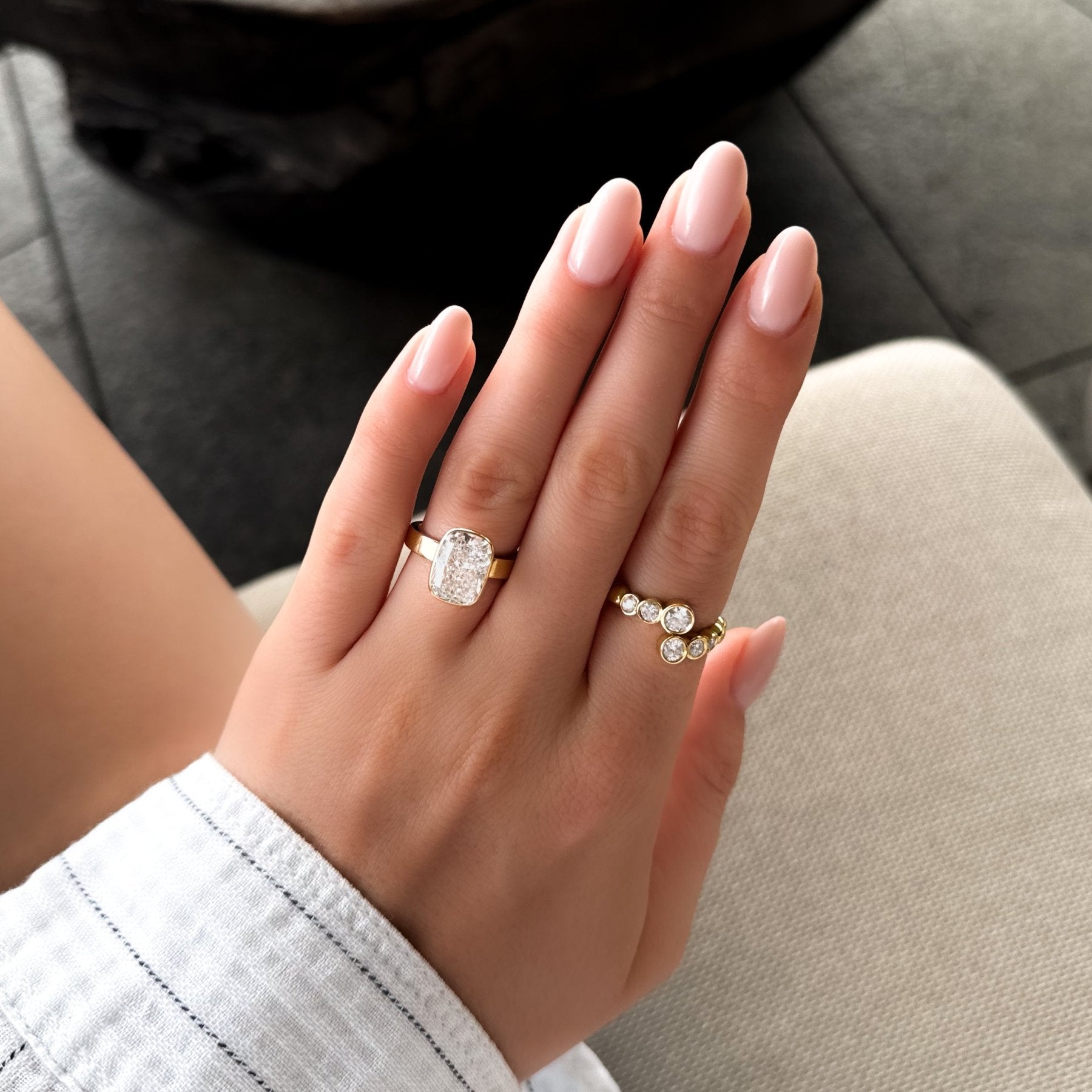 Finest Bezel Set Engagement Ring With Elongated Cushion Cut Diamond