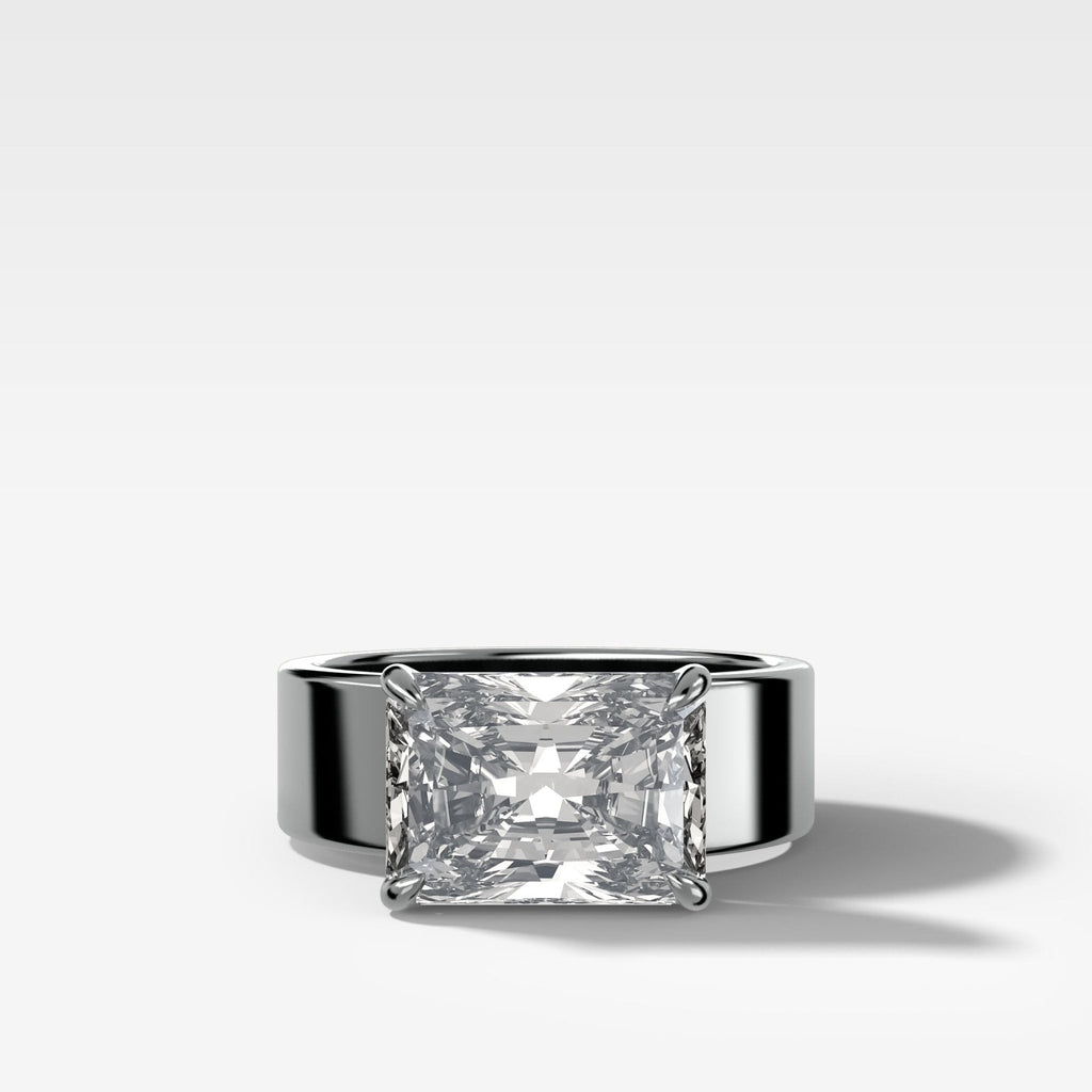 Finest Cigar Band Engagement Ring with East West Elongated Radiant Cut Diamond