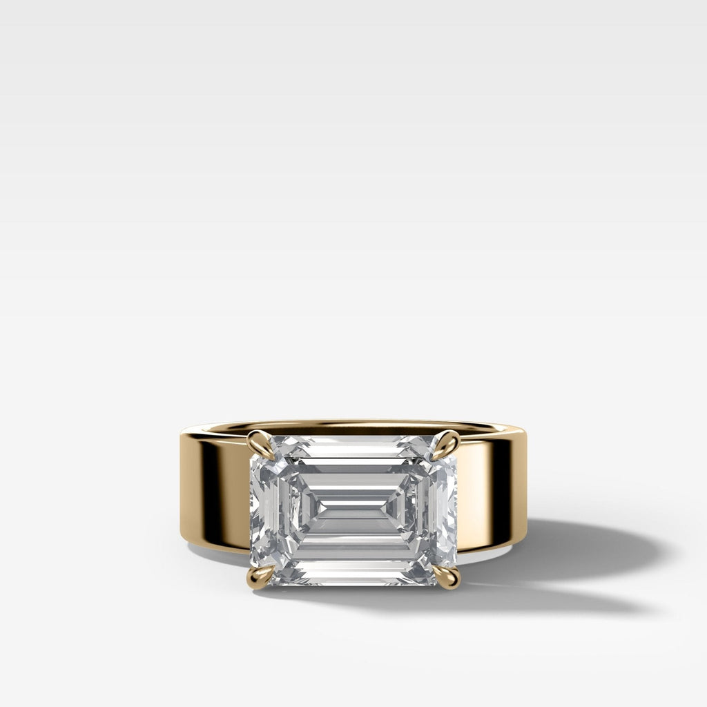 Finest Cigar Band Engagement Ring with East West Emerald Cut Diamond