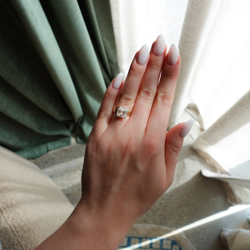 Finest Half Bezel Engagement Ring with Lab Grown 4.09ct Asscher Cut Diamond