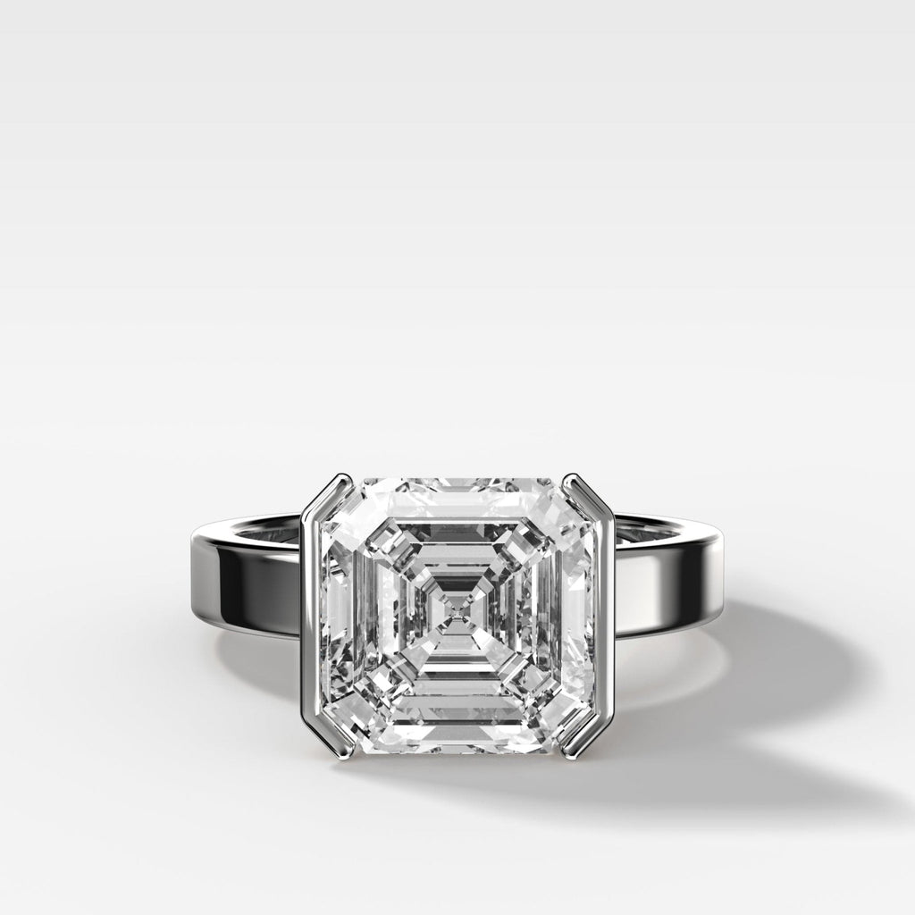Finest Half Bezel Solitaire Engagement Ring With Asscher Cut Diamond