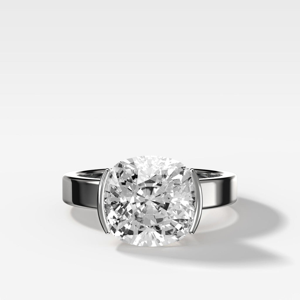 Finest Half Bezel Solitaire Engagement Ring With Cushion Cut Diamond