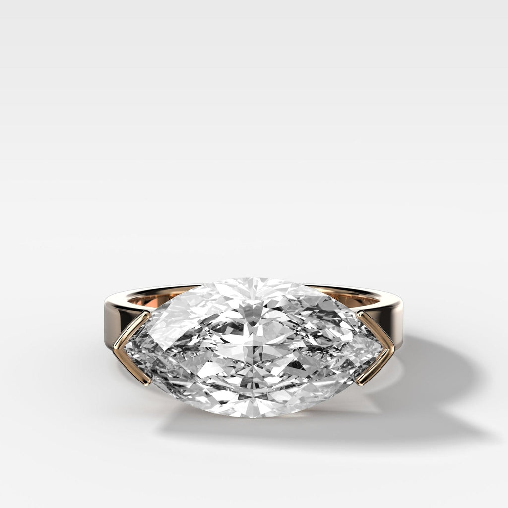 Finest Half Bezel Solitaire Engagement Ring With East West Marquise Cut Diamond