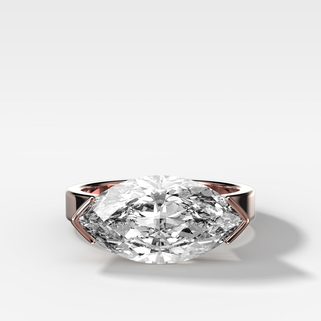 Finest Half Bezel Solitaire Engagement Ring With East West Marquise Cut Diamond